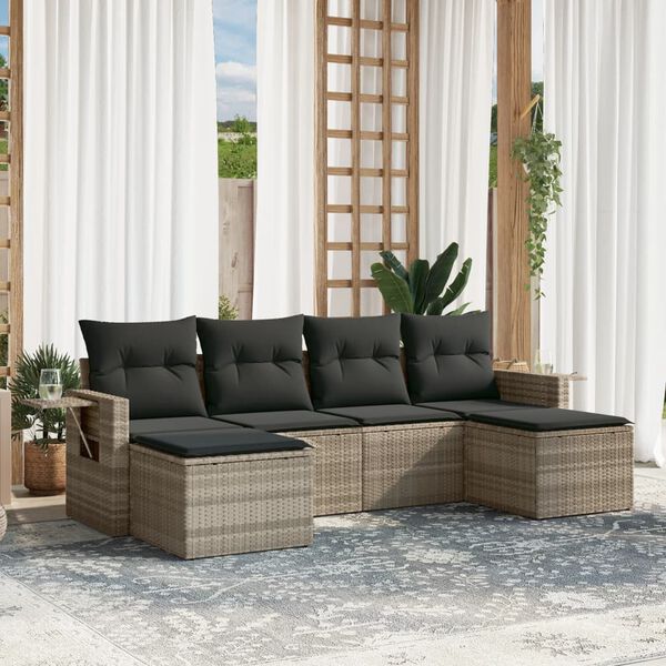 vidaXL 6-delige Loungeset met kussens poly rattan lichtgrijs