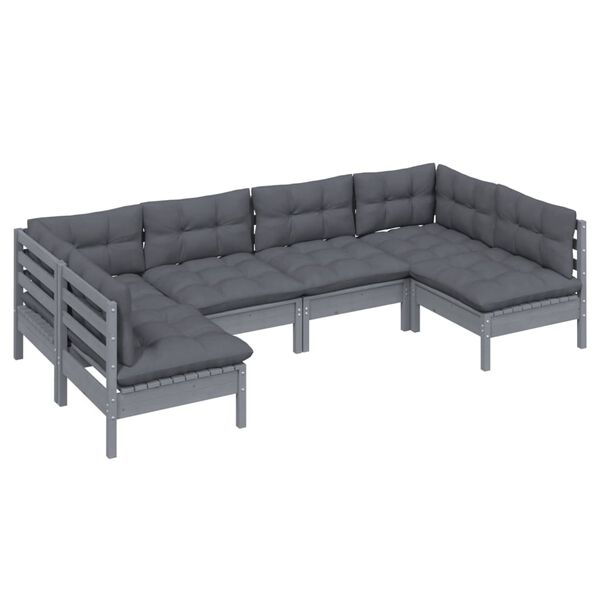 vidaXL 6-delige Loungeset met kussens massief grenenhout grijs