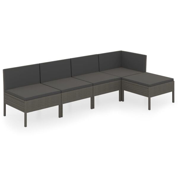 vidaXL 5-delige Loungeset met kussens poly rattan grijs