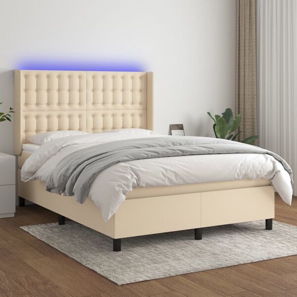 vidaXL Boxspring met matras en LED stof cr&egrave;mekleurig 140x200 cm