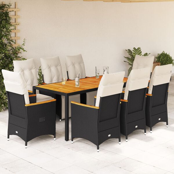 vidaXL 9-delige Bistroset met kussens poly rattan zwart