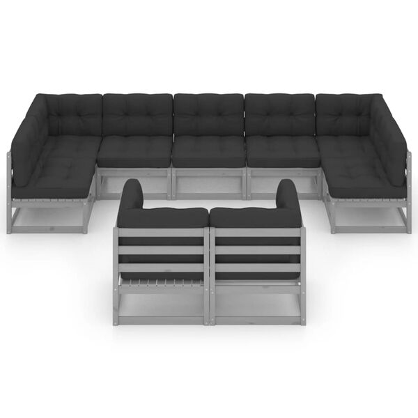 vidaXL 9-delige Loungeset met kussens massief grenenhout grijs