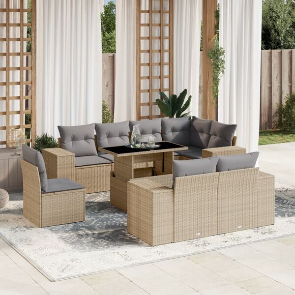 vidaXL 9-delige Loungeset met kussens poly rattan beige