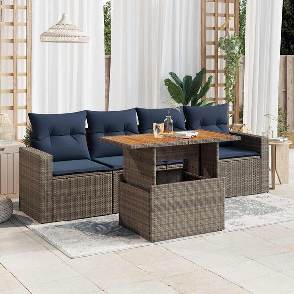 vidaXL 5-delige Loungeset met kussens poly rattan grijs