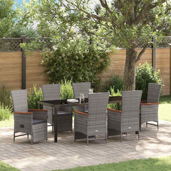 vidaXL Tuin eettafelset met kussen 7 pcs Grijs poly rattan