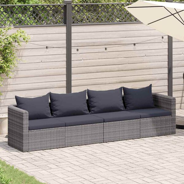 vidaXL 4-delige Loungeset met kussens poly rattan grijs