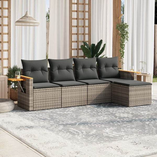 vidaXL 5-delige Loungeset met kussens poly rattan grijs