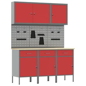 vidaXL Werk kast met lade 8 st Rood en Grijs Engineered hout en staal
