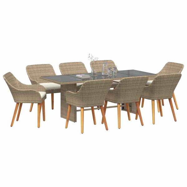 vidaXL Tuin Eetset met kussen 9 pcs Beige poly rattan