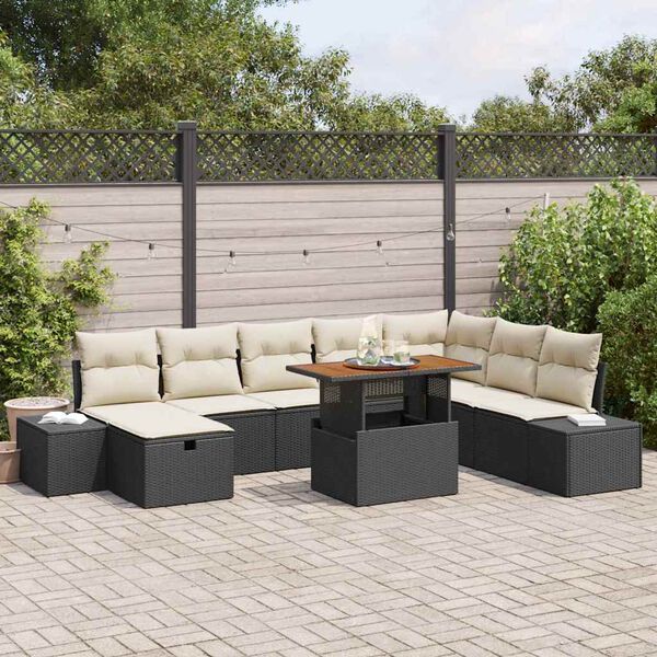 vidaXL Tuinbankenset met kussen met opslag 9 pcs Zwart poly rattan