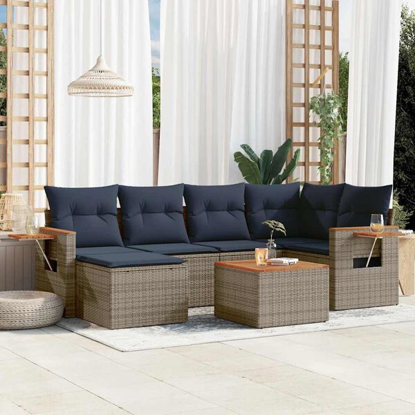 vidaXL 7-delige Loungeset met kussens poly rattan grijs