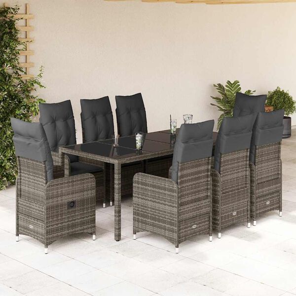 vidaXL 9-delige Bistroset met kussens poly rattan grijs