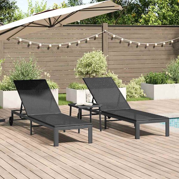 vidaXL Ligstoel met kussen 2-persoon 3 pcs Zwart poly rattan