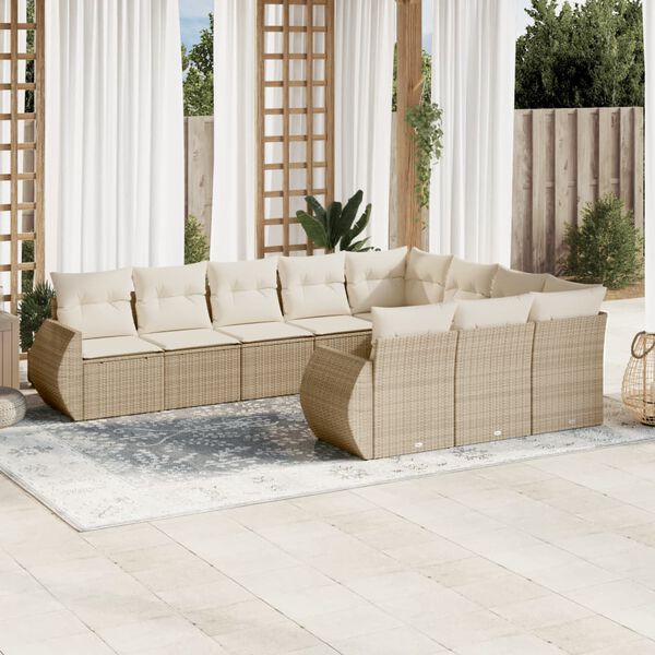 vidaXL 10-delige Loungeset met kussens poly rattan beige