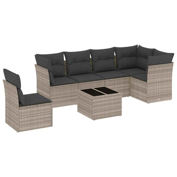 vidaXL 7-delige Loungeset met kussens poly rattan lichtgrijs