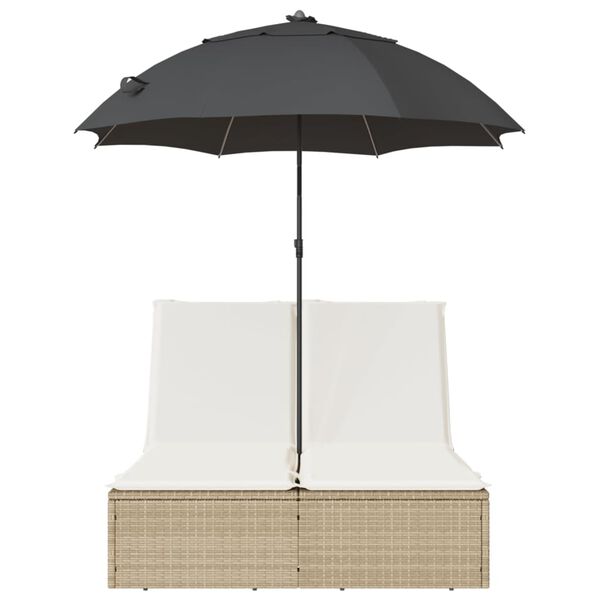 vidaXL Ligbed 2-persoons met kussens en parasol poly rattan beige