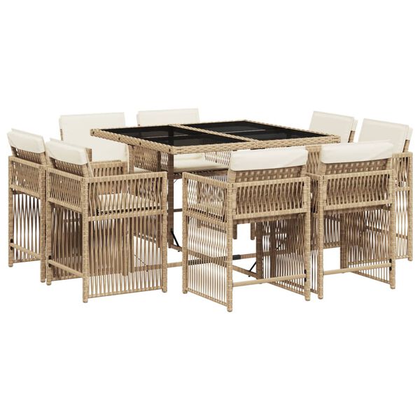 vidaXL 9-delige Tuinset met kussens poly rattan beige