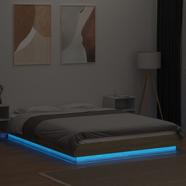 vidaXL Bedframe met LED-verlichting sonoma eikenkleurig 135x190 cm