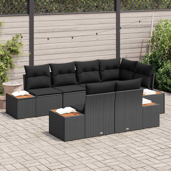 vidaXL Tuinbankenset met kussen met opslag 7 pcs Zwart Polyrattan