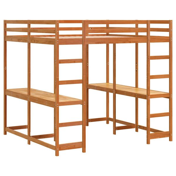 vidaXL Hoogslaper met bureau en ladder grenenhout wasbruin 200x200 cm