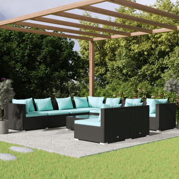 vidaXL 10-delige Loungeset met kussens poly rattan zwart