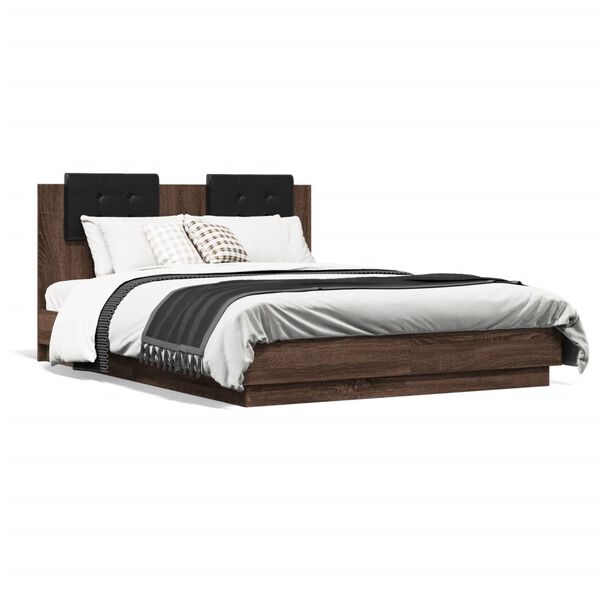 vidaXL Bedframe met hoofdeinde en LED bruin eikenkleur 135x190 cm