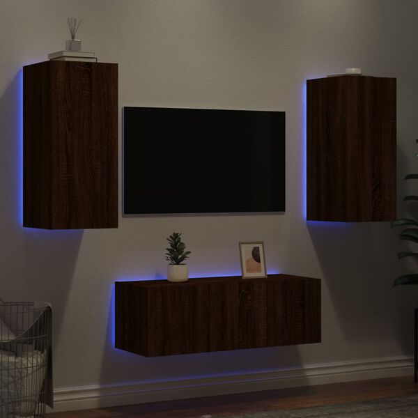 vidaXL 4-delige Tv-wandmeubelset met LED bewerkt hout bruineikenkleur