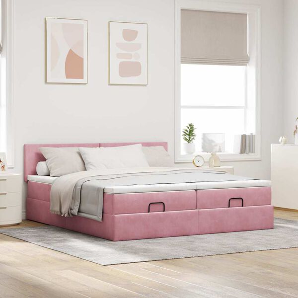 vidaXL Ottoman bed met matrassen en LED's 200x200cm fluweel roze