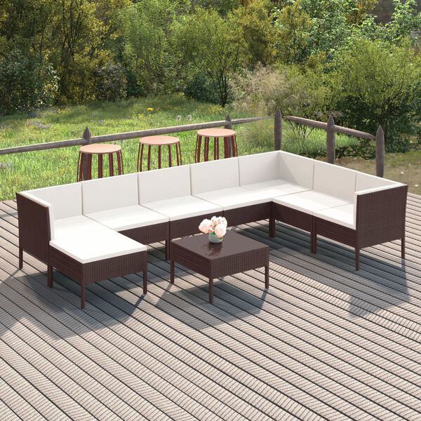 vidaXL 9-delige Loungeset met kussens poly rattan bruin