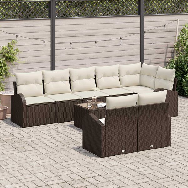 vidaXL Bankstel met kussen met opslag 9 pcs Bruin en wit poly rattan