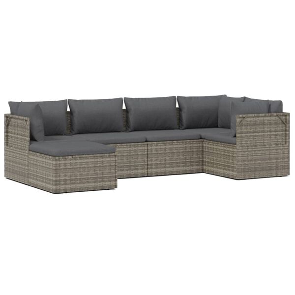 vidaXL 6-delige Loungeset met kussens poly rattan grijs
