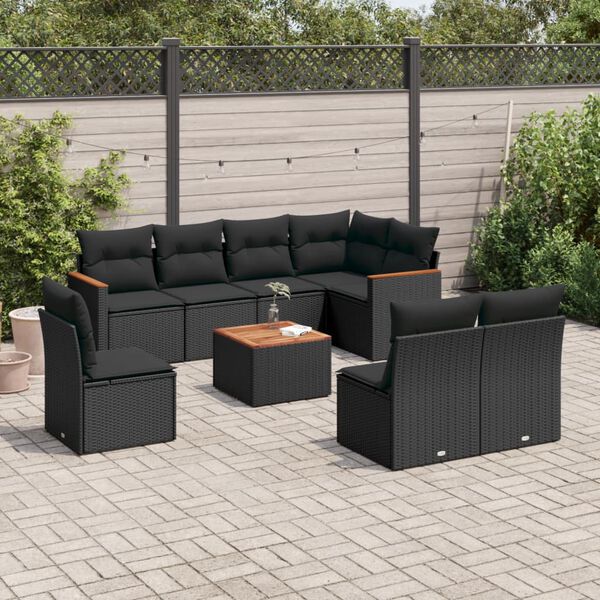 vidaXL 9-delige Loungeset met kussens poly rattan zwart
