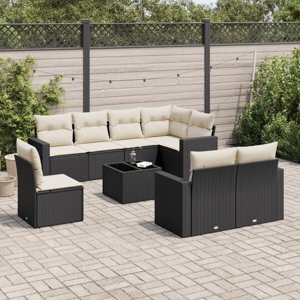 vidaXL 9-delige Loungeset met kussens poly rattan zwart