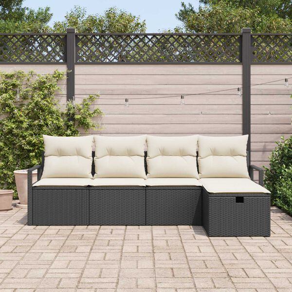 vidaXL Bankstel met kussen met opslag 5 pcs Zwart en Cr&egrave;me poly rattan