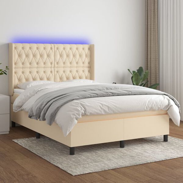 vidaXL Boxspring met matras en LED stof cr&egrave;mekleurig 140x190 cm
