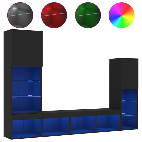 vidaXL 7-delige tv-wandmeubelset met LED bewerkt hout zwart