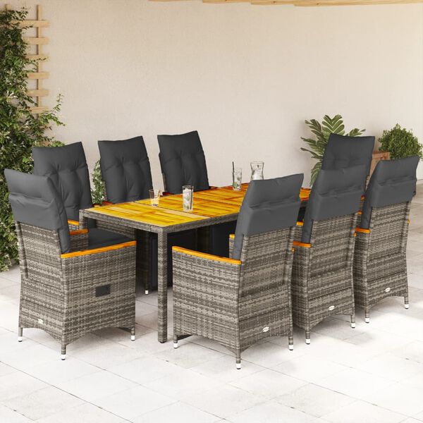 vidaXL 9-delige Bistroset met kussens poly rattan grijs