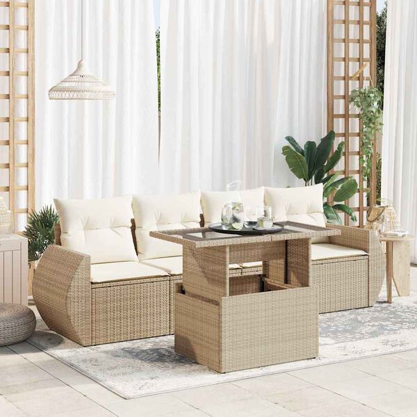 vidaXL 5-delige Loungeset met kussens poly rattan beige