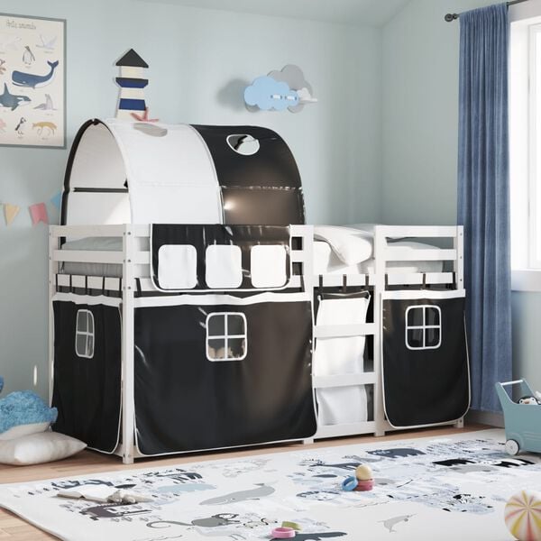 vidaXL Stapelbed met gordijnen 90x190 cm grenenhout wit en zwart