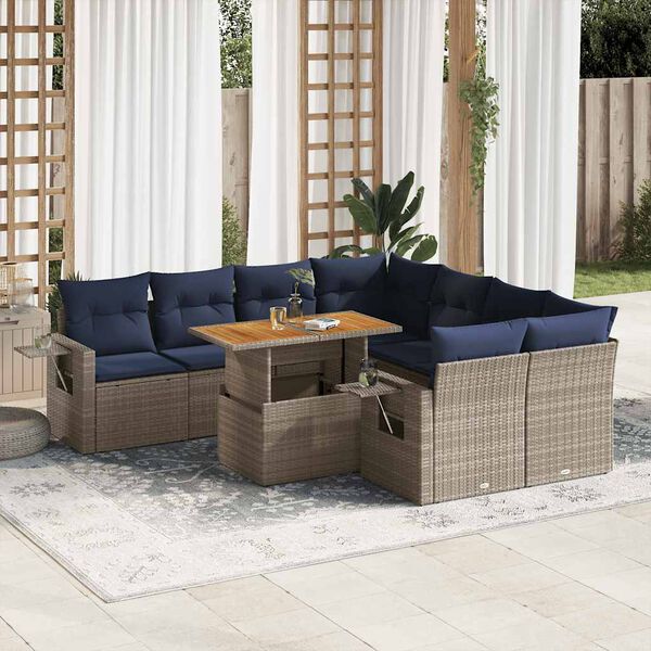 vidaXL 9-delige Loungeset met kussens poly rattan grijs