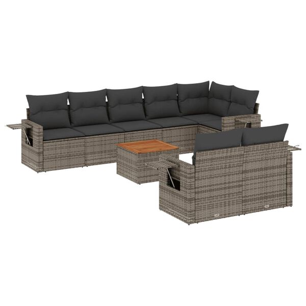 vidaXL 9-delige Loungeset met kussens poly rattan grijs