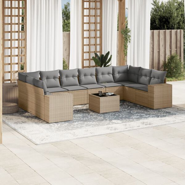 vidaXL 11-delige Tuinset met kussens poly rattan beige