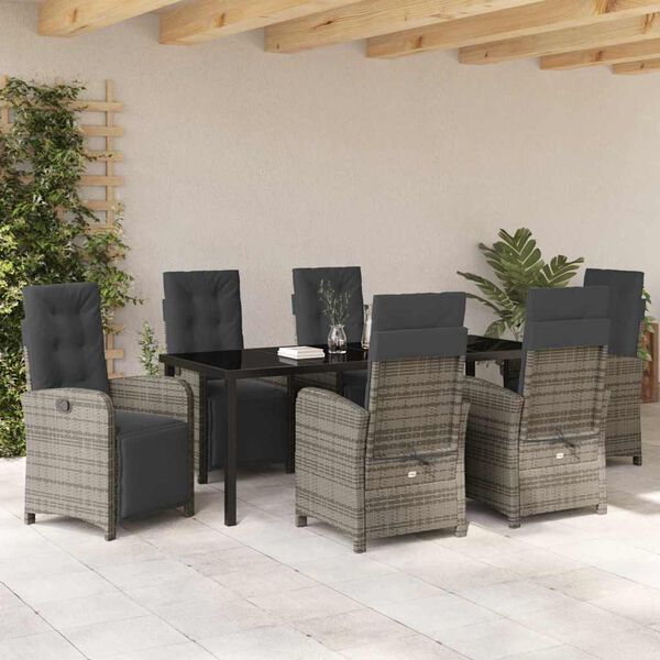 vidaXL Tuin eettafelset met kussen 7 pcs Grijs poly rattan