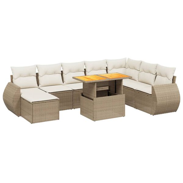 vidaXL 9-delige Loungeset met kussens poly rattan beige