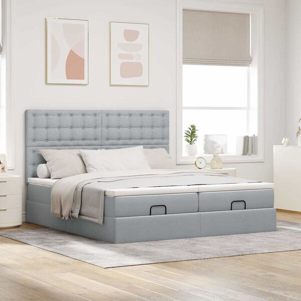 vidaXL Ottoman bed met matrassen en LED's 200x200cm stof lichtgrijs