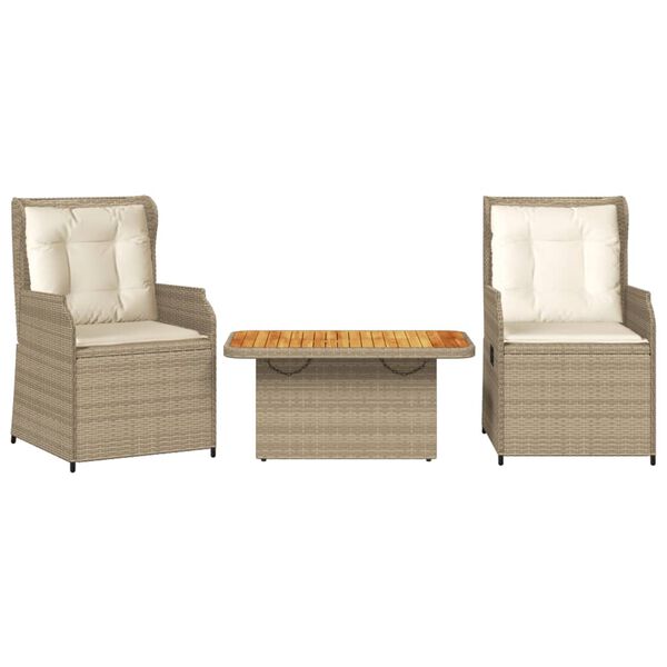 vidaXL 3-delige Loungeset met kussens poly rattan beige