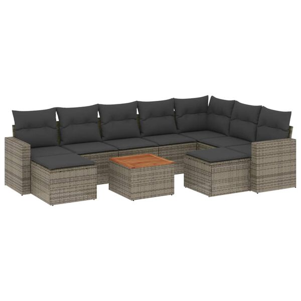 vidaXL 10-delige Loungeset met kussens poly rattan grijs