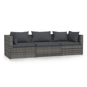 vidaXL Driezitsbank met kussens poly rattan grijs