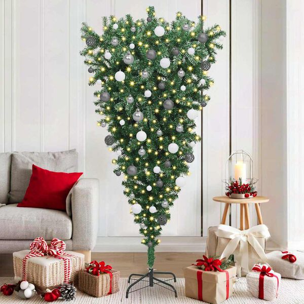 vidaXL Ondersteboven Kunst Kerstboom met Ballenset Groen 180 cm PVC