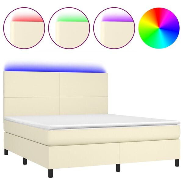 vidaXL Boxspring met matras en LED kunstleer cr&egrave;mekleurig 180x200 cm